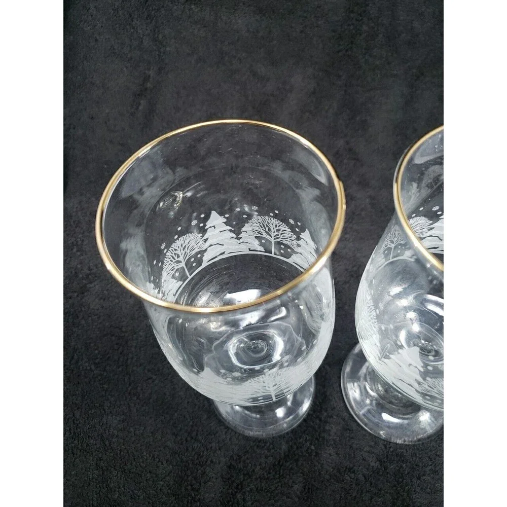 Arby's Libbey Glass Vintage Winter Wonderland Goblets Trees Snow Gold Rim 1980s